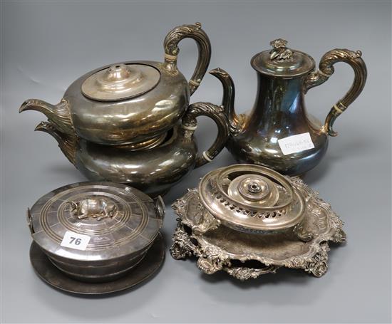 Two plated salvers, two plated teapots (a.f.), a plated butter dish & cover with stand and a plated coffee pot on stand with burner eng